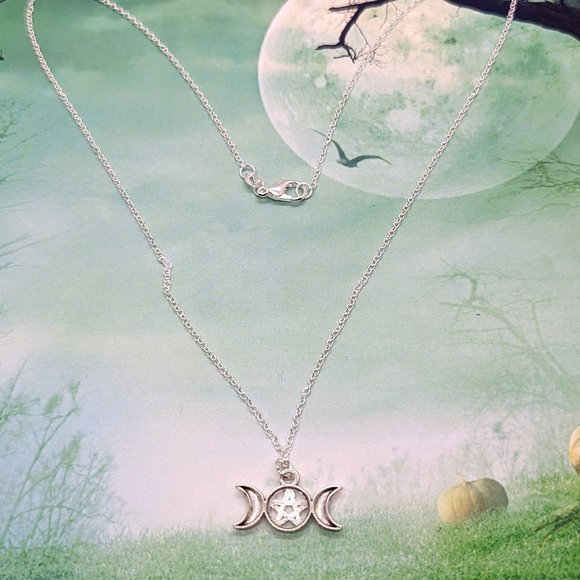 Silver Triple Goddess Moon Pentagram Wicca Necklace - Picture 3 of 3
